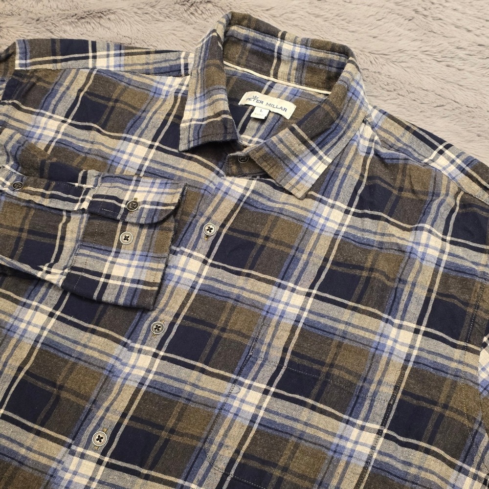 Peter Millar Mens Large Blue Olive Plaid Cotton Button Down Shirt MF22W74CFL